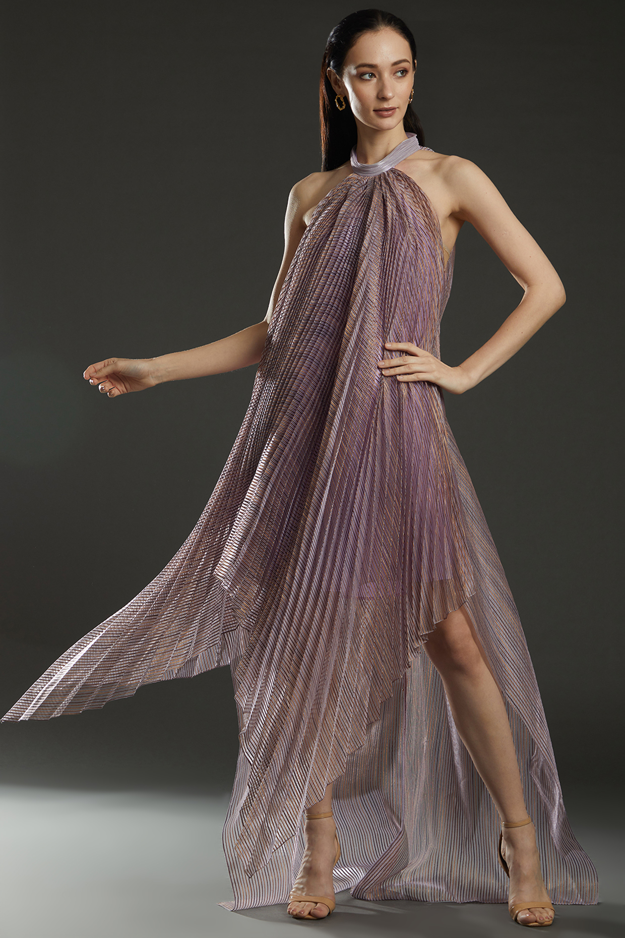 Lilac Striped Metallic Fabric Halter Dress Design by Amit Aggarwal