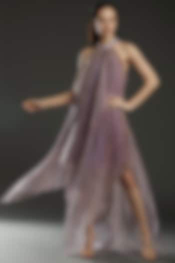 Lilac Striped Metallic Fabric Halter Dress by Amit Aggarwal