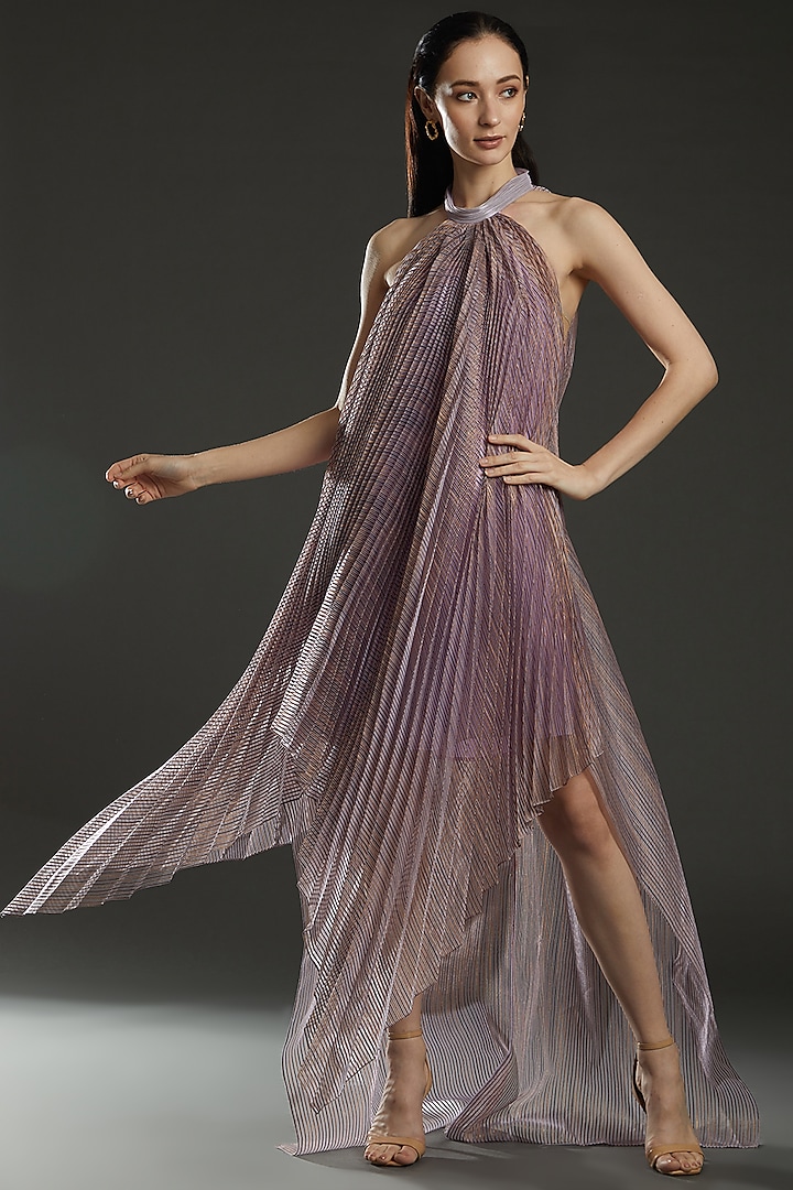 Lilac Striped Metallic Fabric Halter Dress by Amit Aggarwal