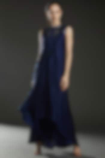 Ink Blue Chiffon Embroidered Paneled Cocktail Dress by Amit Aggarwal at Pernia's Pop Up Shop