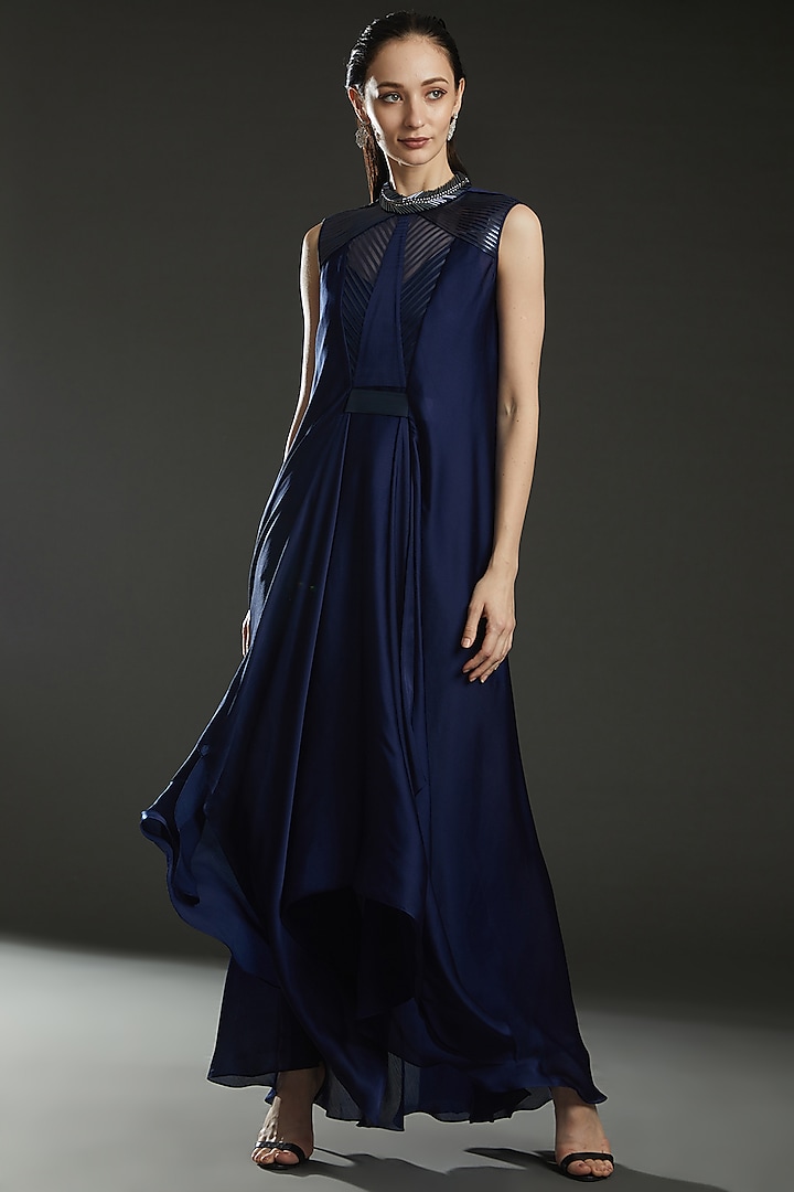 Ink Blue Chiffon Embroidered Paneled Cocktail Dress by Amit Aggarwal at Pernia's Pop Up Shop