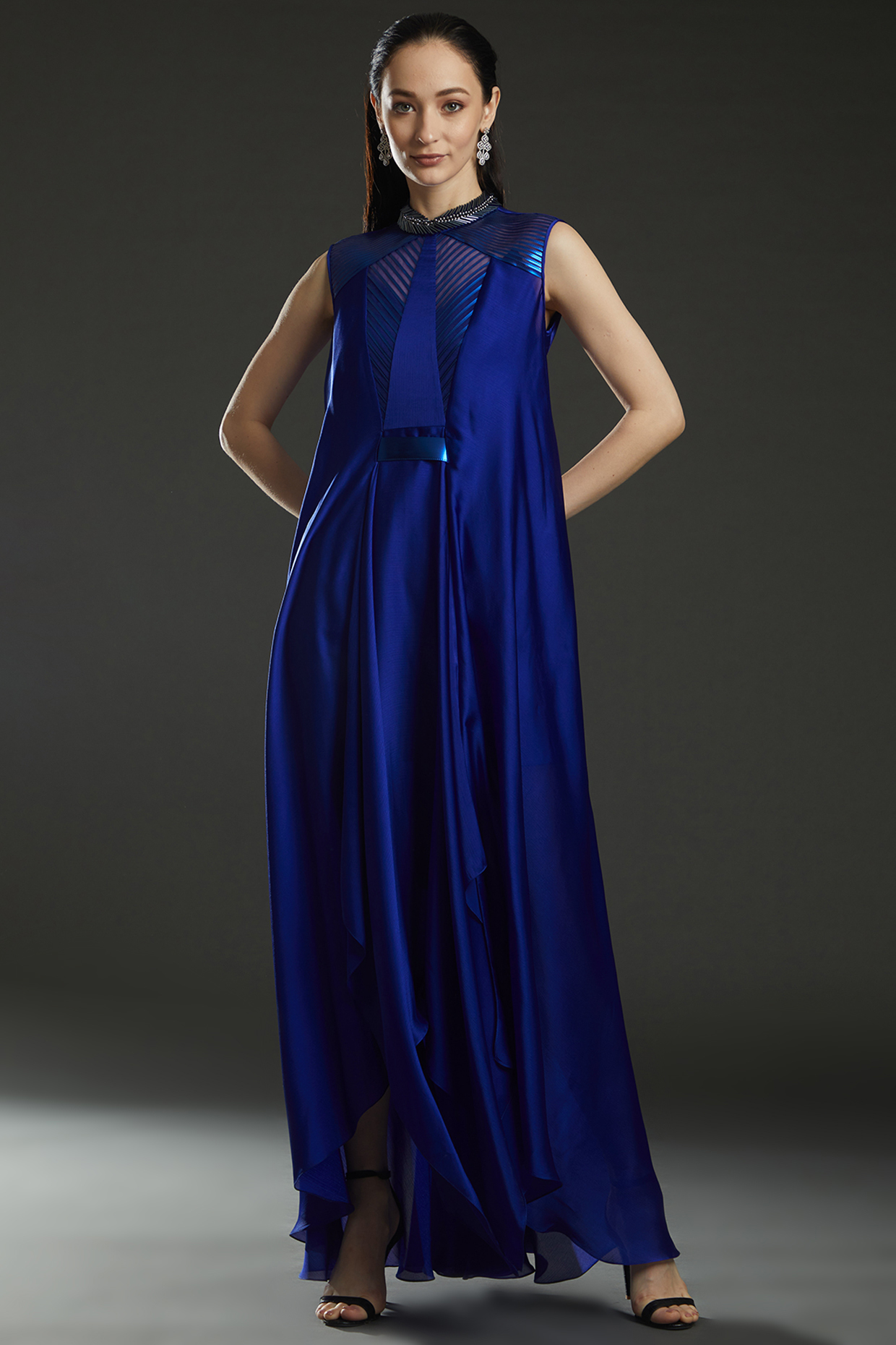 Royal Blue Chiffon Embroidered Paneled Dress by Amit Aggarwal
