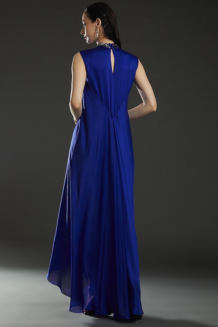Royal Blue Chiffon Embroidered Paneled Cocktail Dress by Amit Aggarwal at Pernia's Pop Up Shop