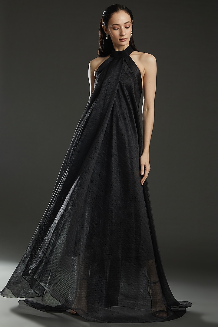 Black Striped Fabric Halter Dress by Amit Aggarwal