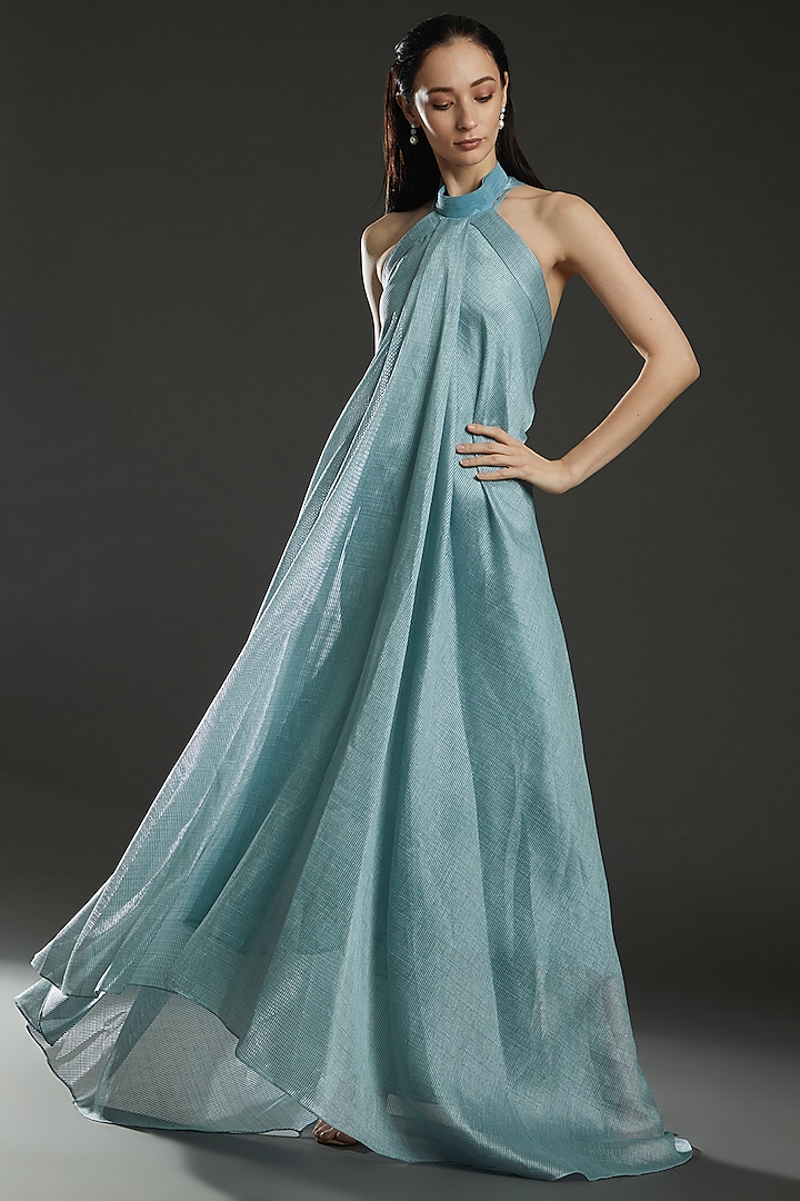 Ice Blue Striped Fabric Halter Dress by Amit Aggarwal