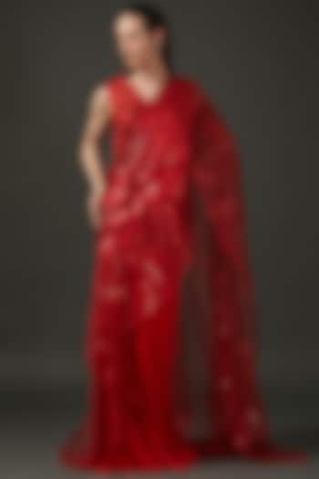 Red Chiffon & Tulle Embroidered Winged Reception Saree Set by Amit Aggarwal at Pernia's Pop Up Shop