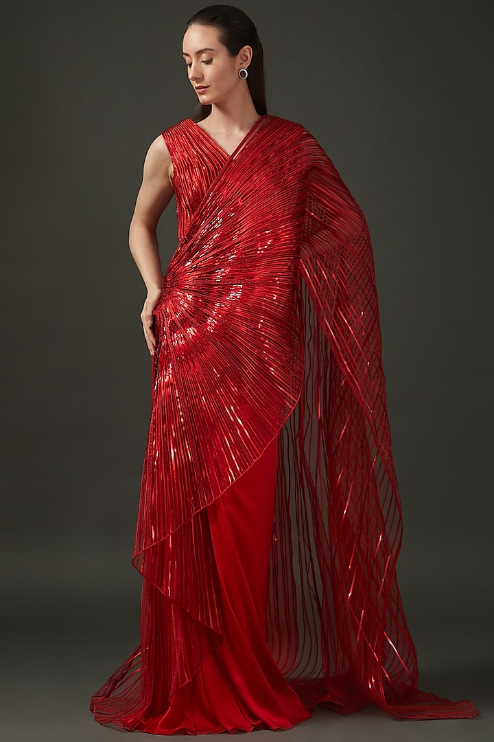 Red Chiffon & Tulle Embroidered Winged Saree Set by Amit Aggarwal