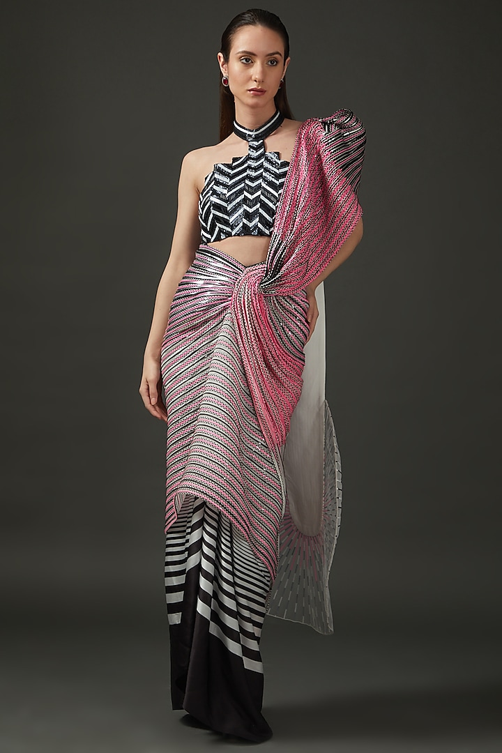 Multi-Colored Mesh Draped Saree Set by Amit Aggarwal
