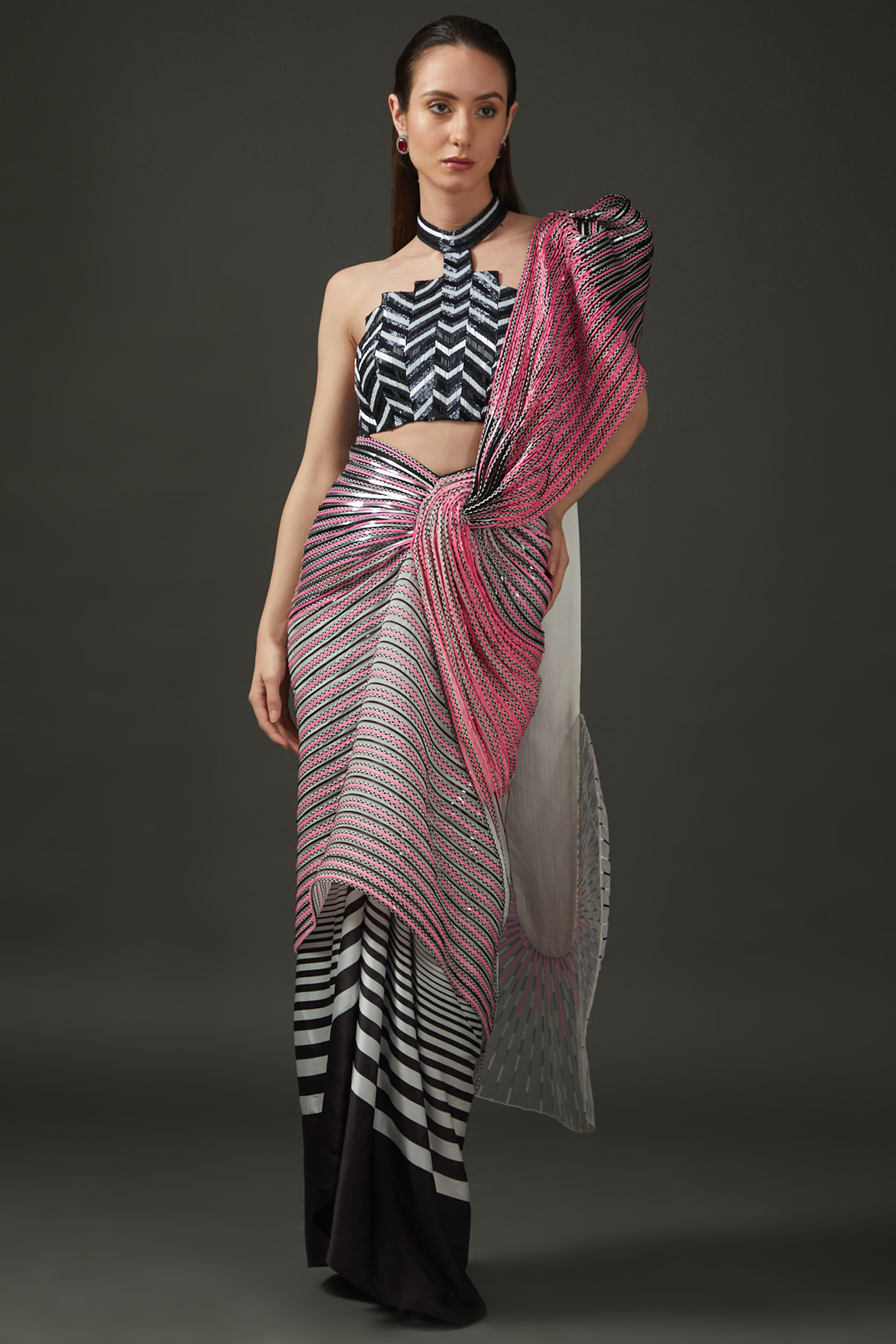 Multi-Colored Mesh Draped Saree Set by Amit Aggarwal