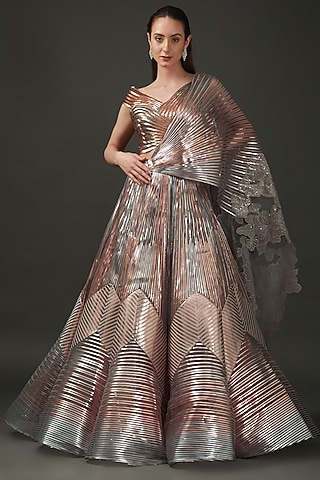 Blush & Silver Tulle Structured Lehenga Set by Amit Aggarwal