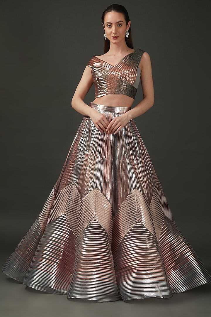 Blush & Silver Tulle Structured Bridal Lehenga Set by Amit Aggarwal at Pernia's Pop Up Shop