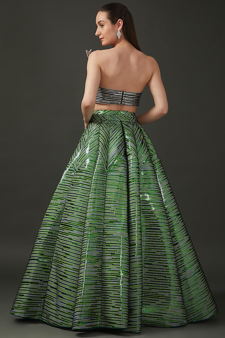 Emerald Green Polymer Striped Bridal Lehenga Set by Amit Aggarwal at Pernia's Pop Up Shop