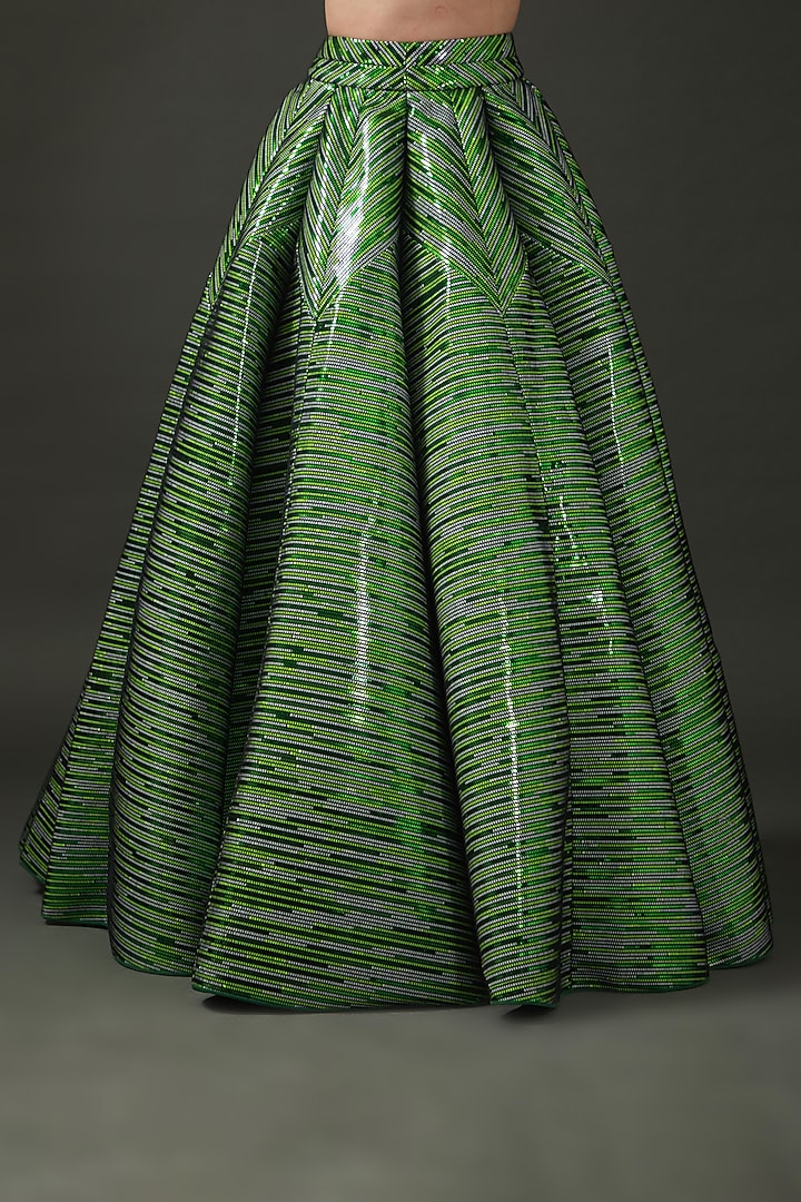 Emerald Green Polymer Striped Bridal Lehenga Set by Amit Aggarwal at Pernia's Pop Up Shop