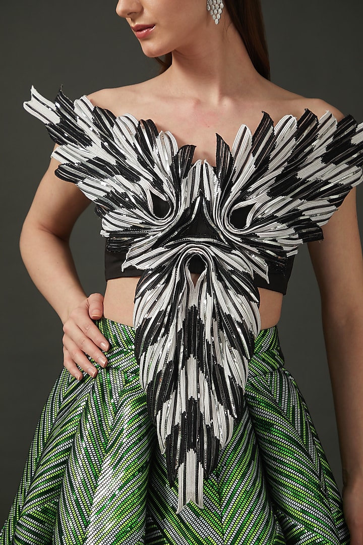 Emerald Green Polymer Striped Bridal Lehenga Set by Amit Aggarwal at Pernia's Pop Up Shop