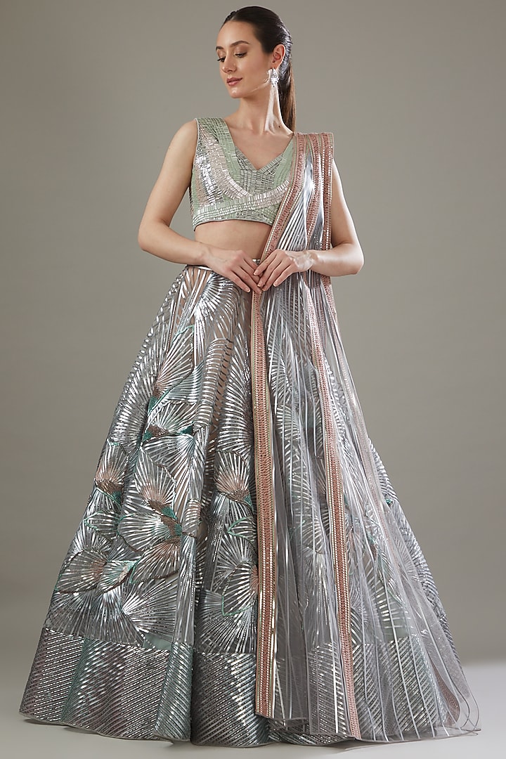 Mint Silver Polymer Striped Bridal Lehenga Set by Amit Aggarwal at Pernia's Pop Up Shop
