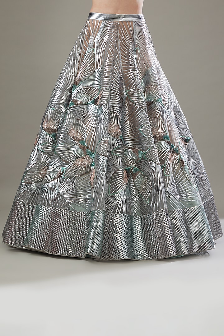 Mint Silver Polymer Striped Bridal Lehenga Set by Amit Aggarwal at Pernia's Pop Up Shop