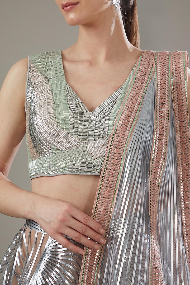 Mint Silver Polymer Striped Bridal Lehenga Set by Amit Aggarwal at Pernia's Pop Up Shop
