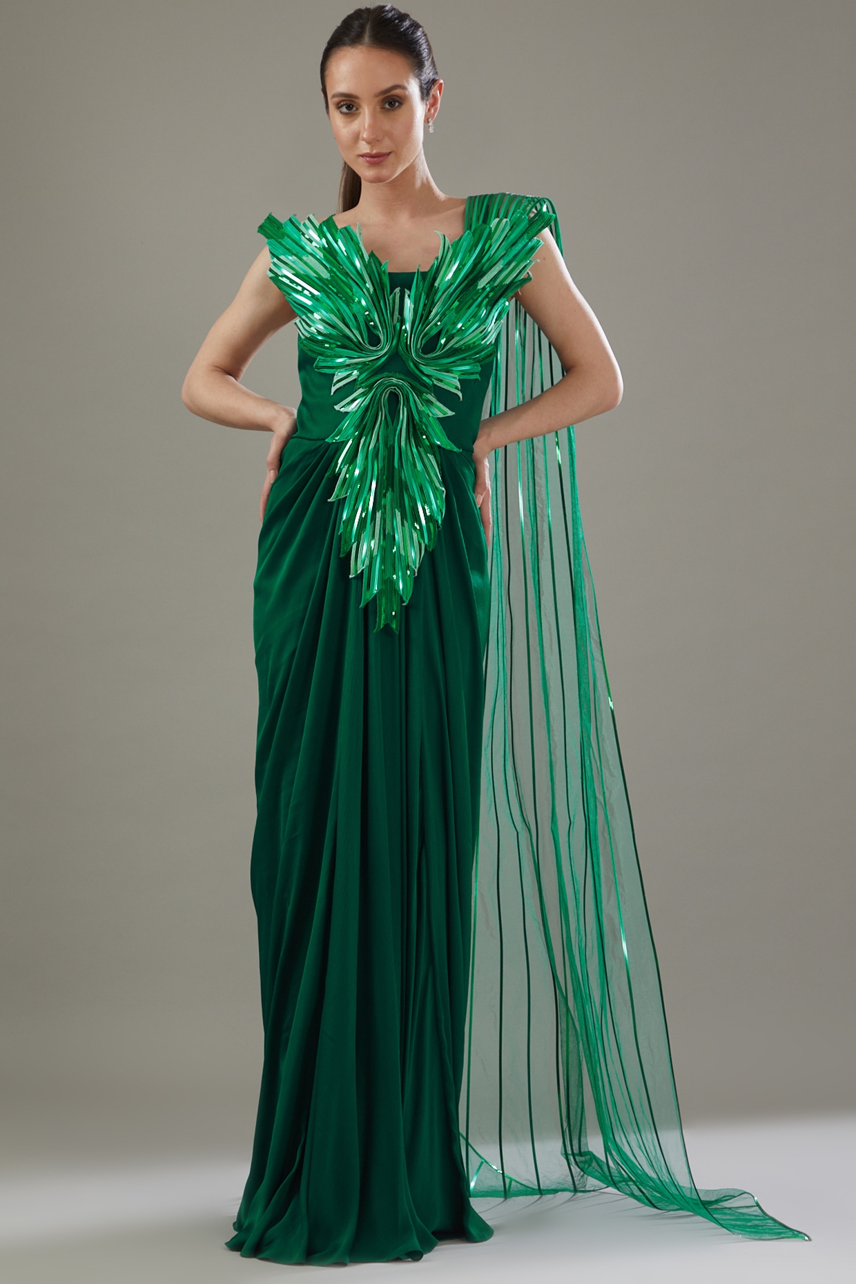 Emerald Green Jersey & Organza Hand Embroidered Draped Gown Saree by ...