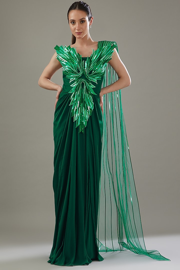 Emerald Green Jersey & Organza Hand Embroidered Draped Bridal Gown Saree by Amit Aggarwal at Pernia's Pop Up Shop