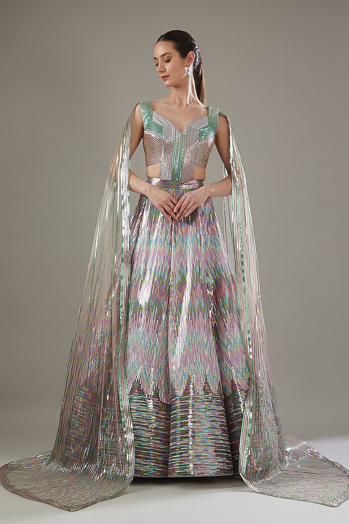 Lilac Mint Tulle Bridal Lehenga Set by Amit Aggarwal at Pernia's Pop Up Shop
