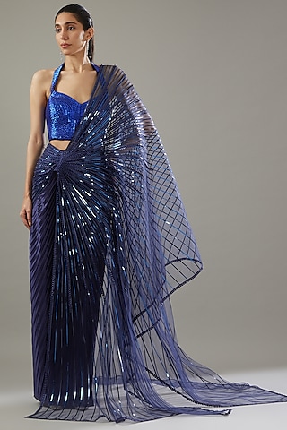 Blue Tulle & Jersey Metallic Saree Set by Amit Aggarwal