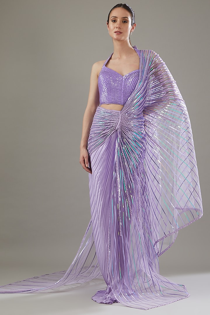 Lilac Tulle & Jersey Metallic Reception Saree Set by Amit Aggarwal at Pernia's Pop Up Shop
