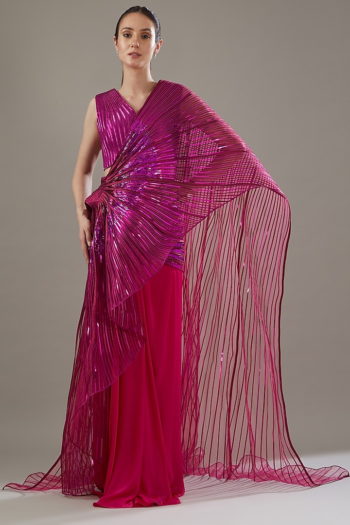 Maroon Tulle & Jersey Metallic Reception Saree Set by Amit Aggarwal at Pernia's Pop Up Shop