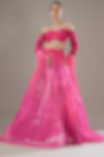 Fuchsia Monotone Tulle Embroidered Bridal Lehenga Set by Amit Aggarwal at Pernia's Pop Up Shop