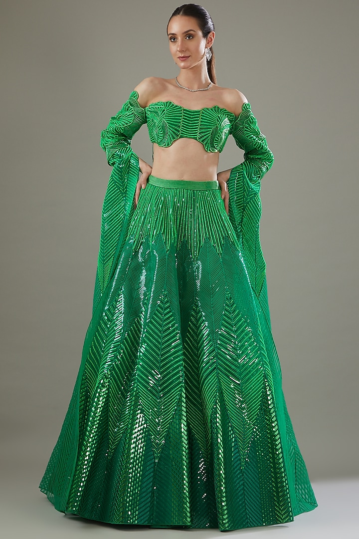 Green Tulle Embroidered Bridal Lehenga Set by Amit Aggarwal at Pernia's Pop Up Shop