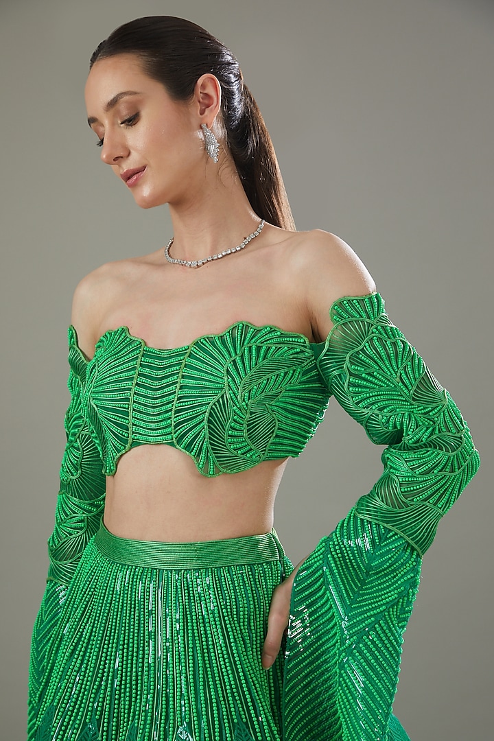 Green Tulle Embroidered Bridal Lehenga Set by Amit Aggarwal at Pernia's Pop Up Shop