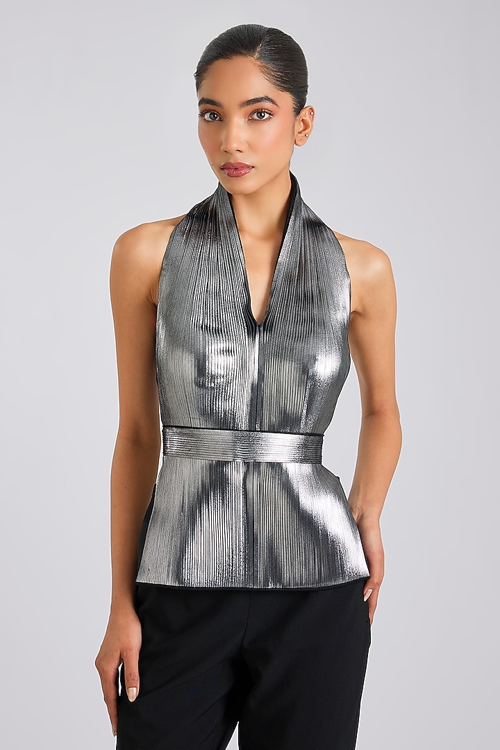 Silver Polyester Top by Amit Aggarwal at Pernia's Pop Up Shop