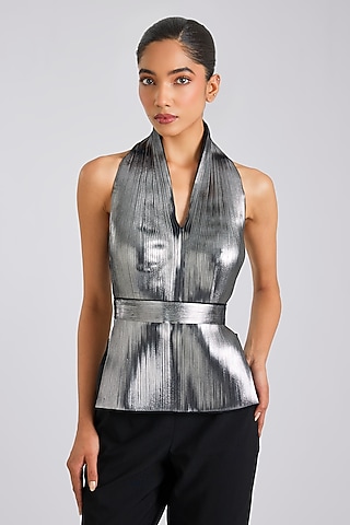 Silver Polyester Top by Amit Aggarwal