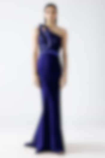 Ink Blue Banana Crepe Crystal Embellished Off-Shoulder Draped Wedding Gown by Amit Aggarwal at Pernia's Pop Up Shop