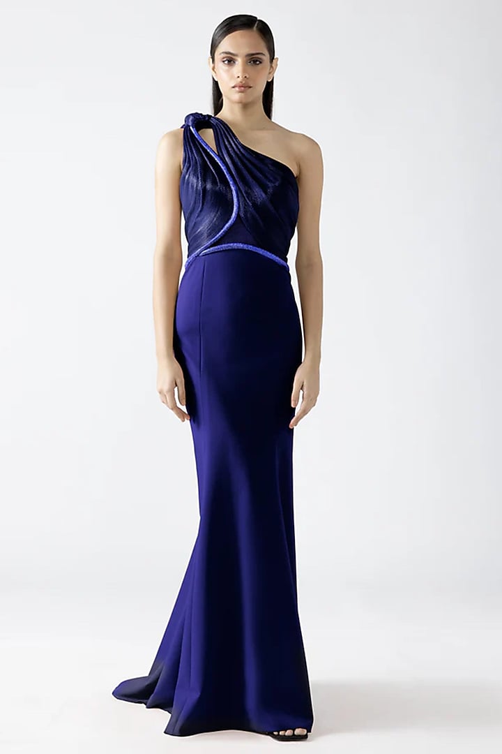 Ink Blue Banana Crepe Crystal Embellished Off-Shoulder Draped Wedding Gown by Amit Aggarwal at Pernia's Pop Up Shop