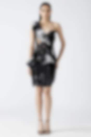 Onyx Silver Butterfly Net & Metallic Mini Party Wear Dress by Amit Aggarwal at Pernia's Pop Up Shop