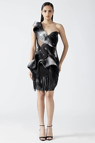 Onyx Silver Butterfly Net & Metallic Mini Dress by Amit Aggarwal