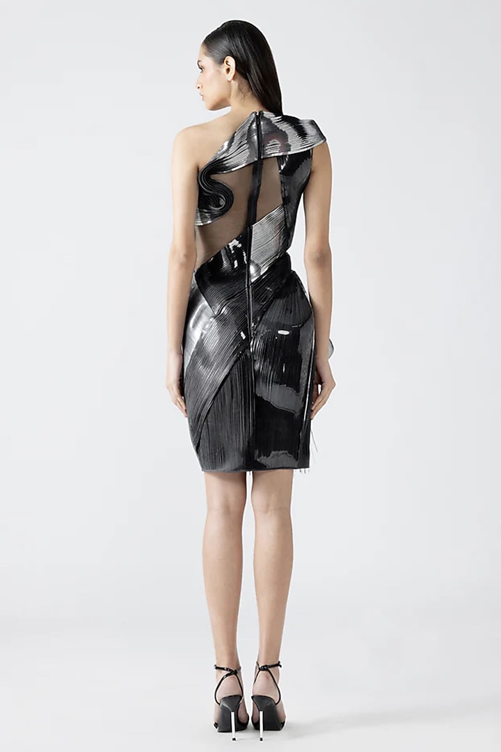 Onyx Silver Butterfly Net & Metallic Mini Party Wear Dress by Amit Aggarwal at Pernia's Pop Up Shop