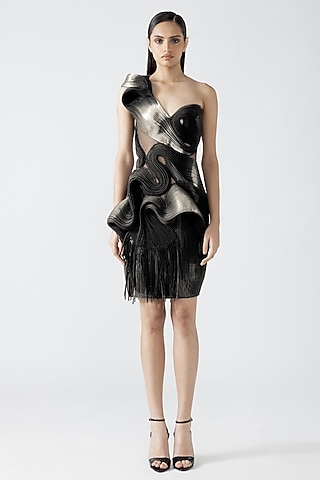 Onyx & Gold Metallic Pleated Off-Shoulder Dress by Amit Aggarwal