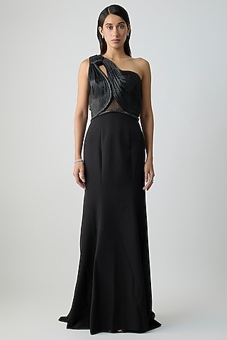 Onyx Black Banana Crepe Draped Gown by Amit Aggarwal