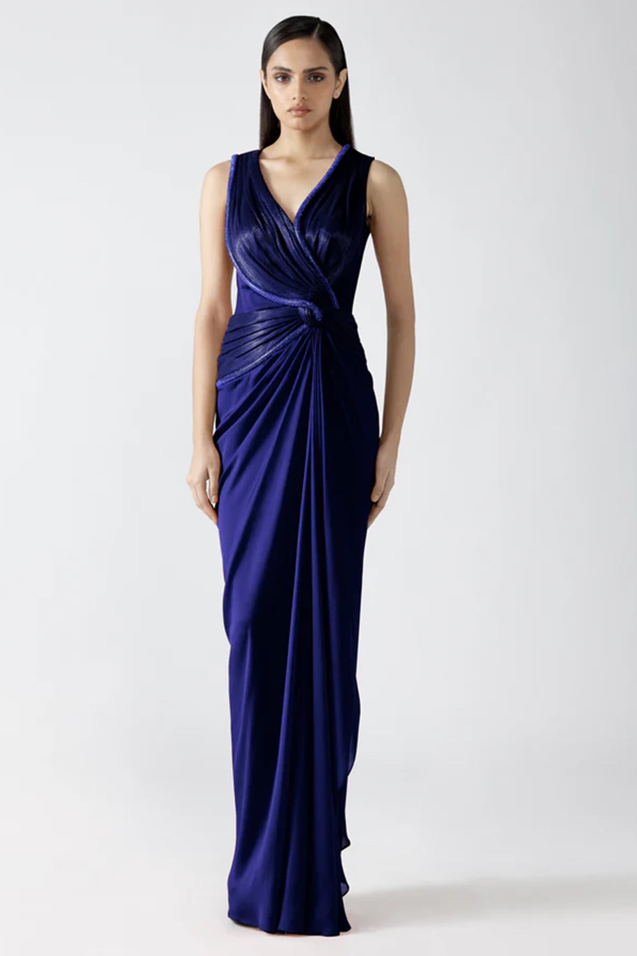 Amit Aggarwal Blue Chiffon & Jersey Handwoven Draped Gown