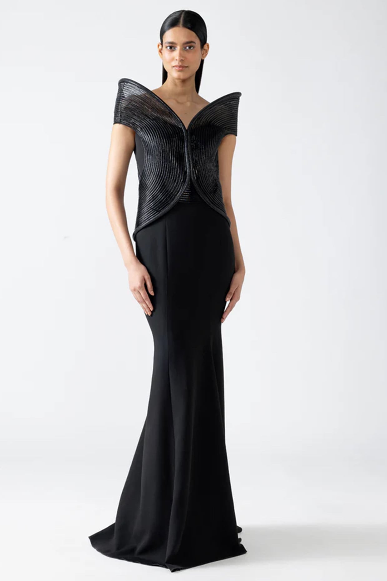 Amit Aggarwal Cosmos Black Banana Crepe & Butterfly Net Gown