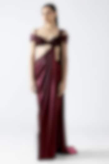 Oxblood Red Velvet Chiffon Bridal Saree Set by Amit Aggarwal at Pernia's Pop Up Shop