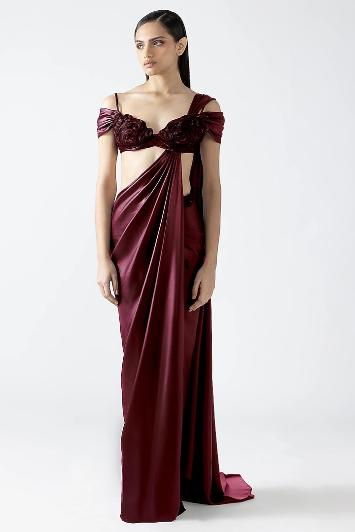 Oxblood Red Velvet Chiffon Bridal Saree Set by Amit Aggarwal at Pernia's Pop Up Shop