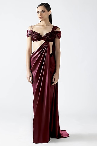 Oxblood Red Velvet Chiffon Saree Set by Amit Aggarwal