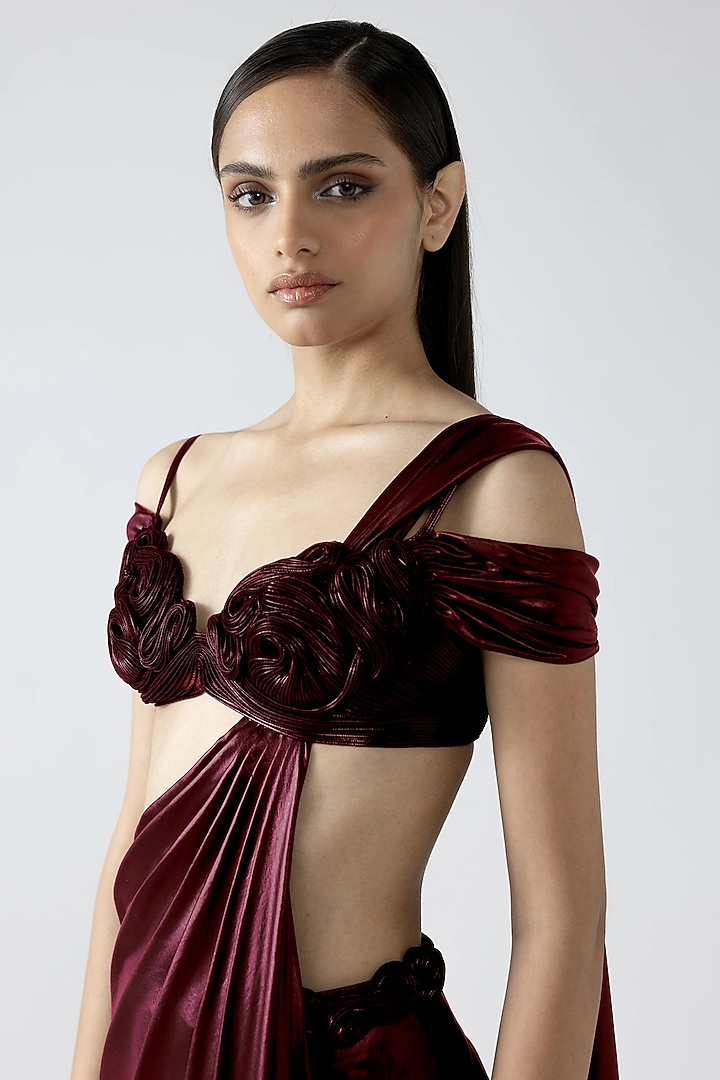 Oxblood Red Velvet Chiffon Bridal Saree Set by Amit Aggarwal at Pernia's Pop Up Shop