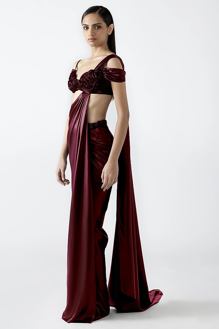 Oxblood Red Velvet Chiffon Bridal Saree Set by Amit Aggarwal at Pernia's Pop Up Shop