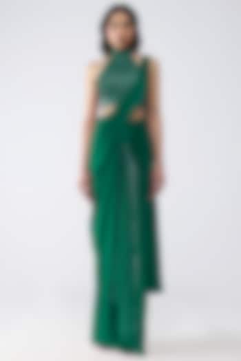 Emerald Satin Chiffon & Butterfly Net Metallic Draped Reception Saree Set by Amit Aggarwal at Pernia's Pop Up Shop