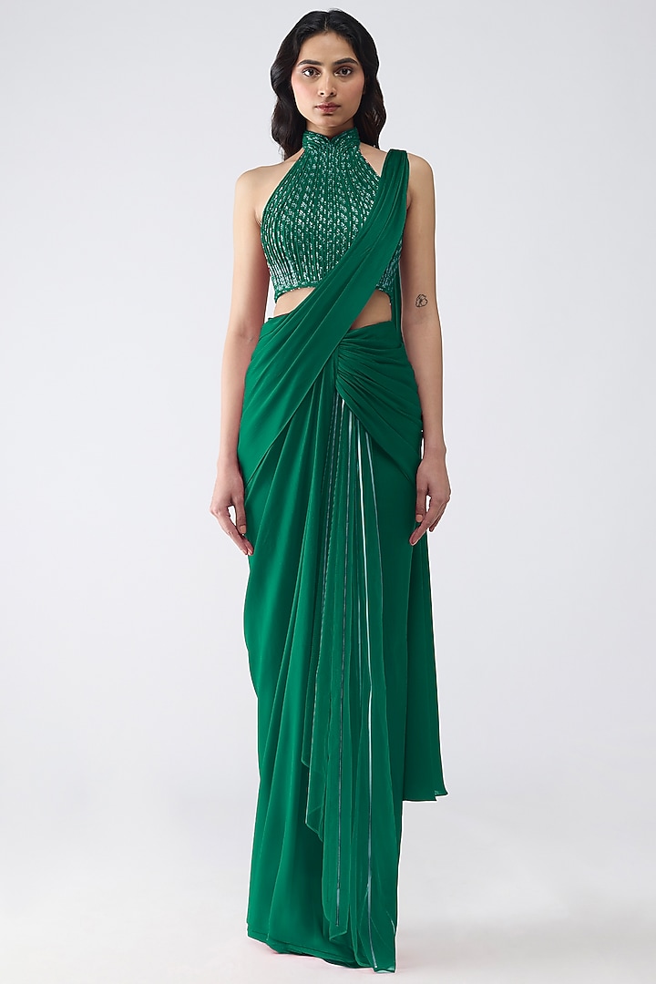 Emerald Satin Chiffon & Butterfly Net Metallic Draped Reception Saree Set by Amit Aggarwal at Pernia's Pop Up Shop