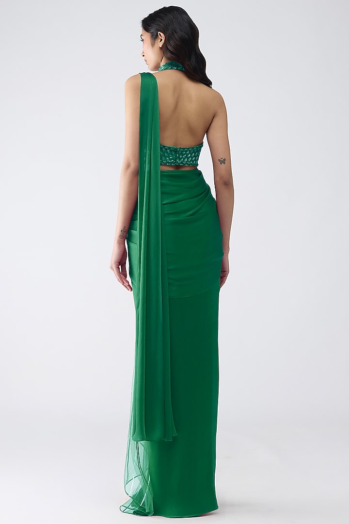 Emerald Satin Chiffon & Butterfly Net Metallic Draped Reception Saree Set by Amit Aggarwal at Pernia's Pop Up Shop