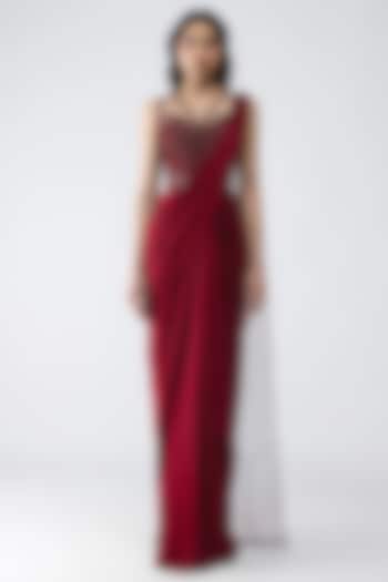 Ruby Red Polyester & Poly Silk Draped Reception Saree Set by Amit Aggarwal at Pernia's Pop Up Shop